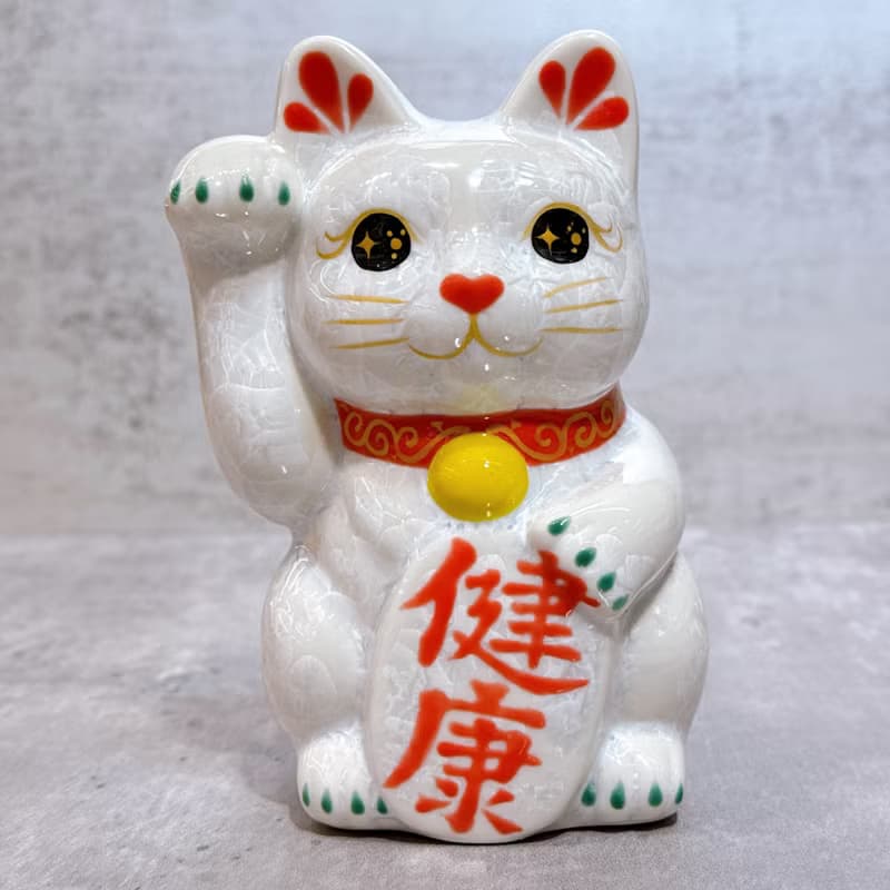 【晶喵護福】日本清水燒招財貓 | 花結晶 白 -  健康 右