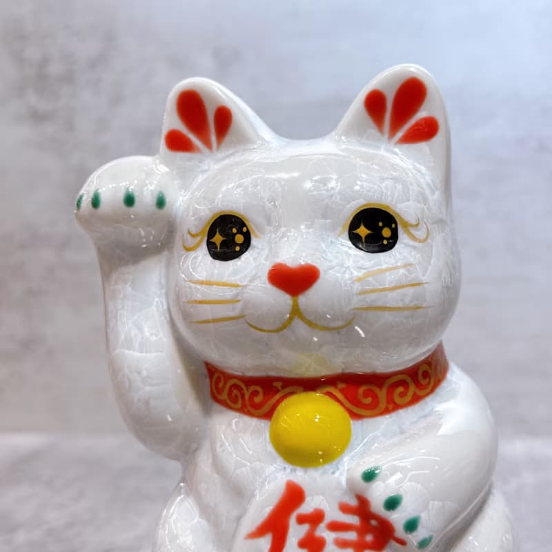 【晶喵護福】日本清水燒招財貓 | 花結晶 白 -  健康 右