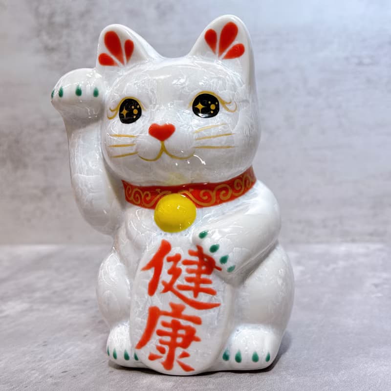 【晶喵護福】日本清水燒招財貓 | 花結晶 白 -  健康 右