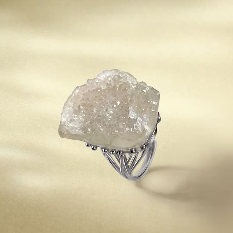 白水晶活口戒指 隨形原石標本 星光閃片手工指環 S925銀 平衡身心