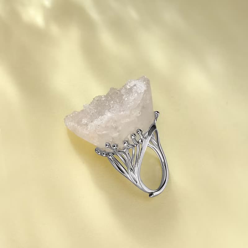 白水晶活口戒指 隨形原石標本 星光閃片手工指環 S925銀 平衡身心