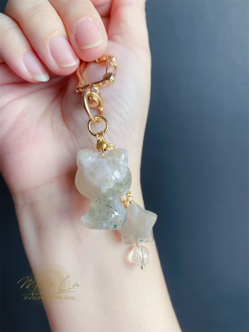 櫻花瑪瑙 貓 星星 可愛 萌 鑰匙圈 吊墜 閨密 天然石 禮物