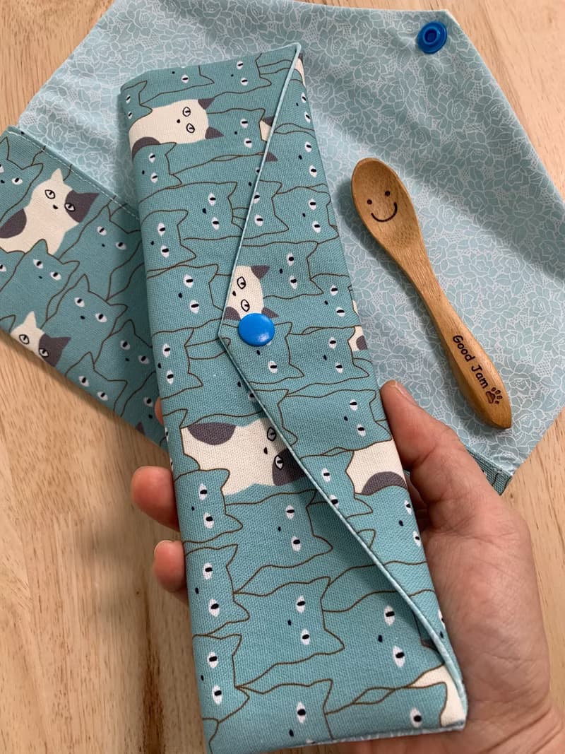 文青風環保純棉筷袋 貓咪的等待 舒爽綠 日本 潮物 收纳 手作餐具