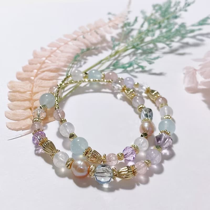 紫水晶珍珠草莓晶海藍寶月光石 || 貴人智慧人緣愛情 水晶手鍊