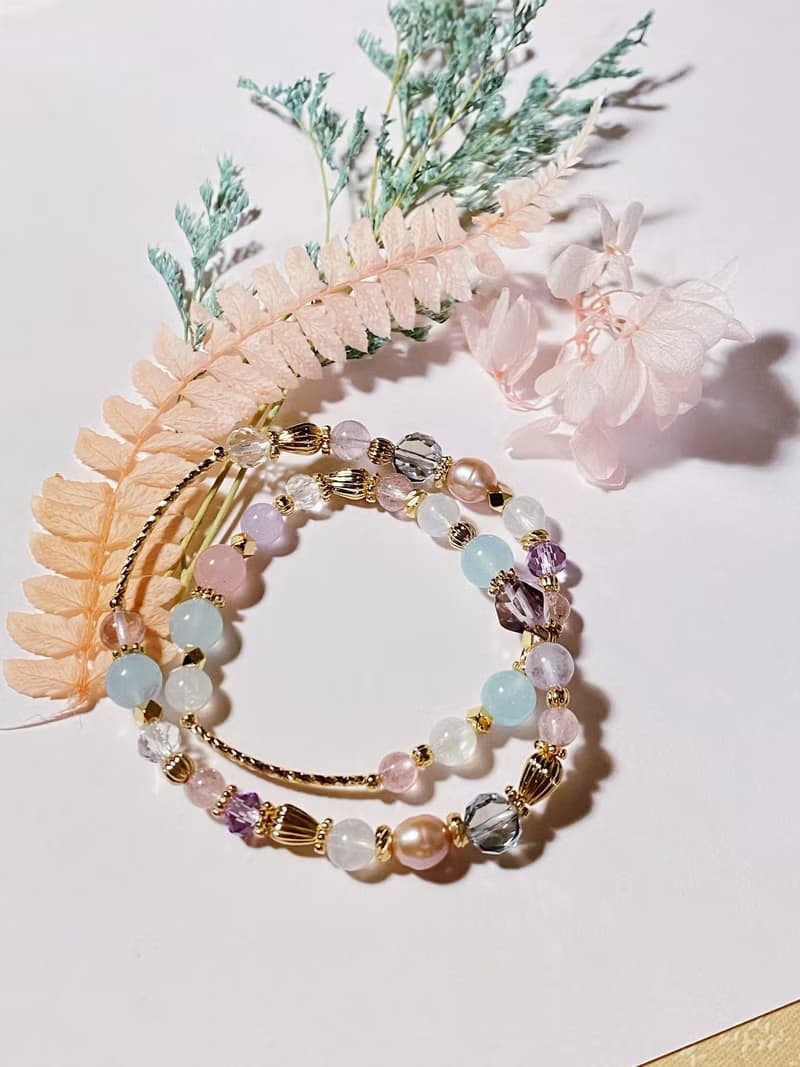 紫水晶珍珠草莓晶海藍寶月光石 || 貴人智慧人緣愛情 水晶手鍊