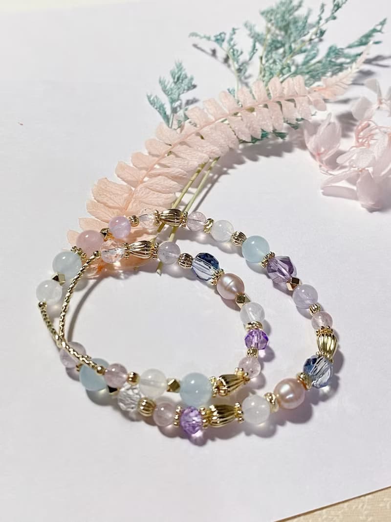 紫水晶珍珠草莓晶海藍寶月光石 || 貴人智慧人緣愛情 水晶手鍊