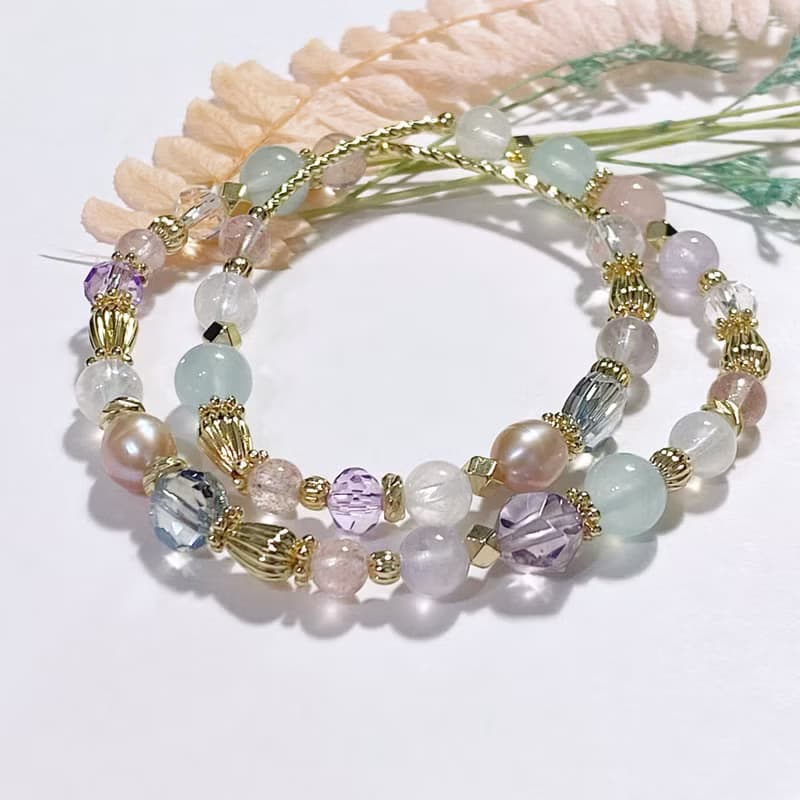 紫水晶珍珠草莓晶海藍寶月光石 || 貴人智慧人緣愛情 水晶手鍊