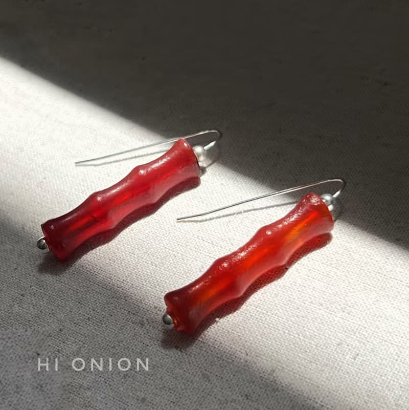 Hi Onion原創小眾設計復古瑪瑙紅色竹節耳環銀耳鉤新中式耳夾個性