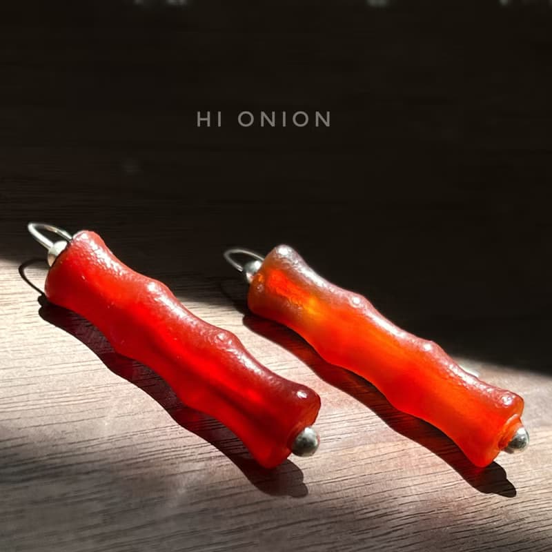 Hi Onion原創小眾設計復古瑪瑙紅色竹節耳環銀耳鉤新中式耳夾個性