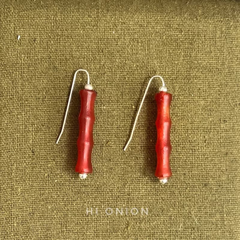 Hi Onion原創小眾設計復古瑪瑙紅色竹節耳環銀耳鉤新中式耳夾個性