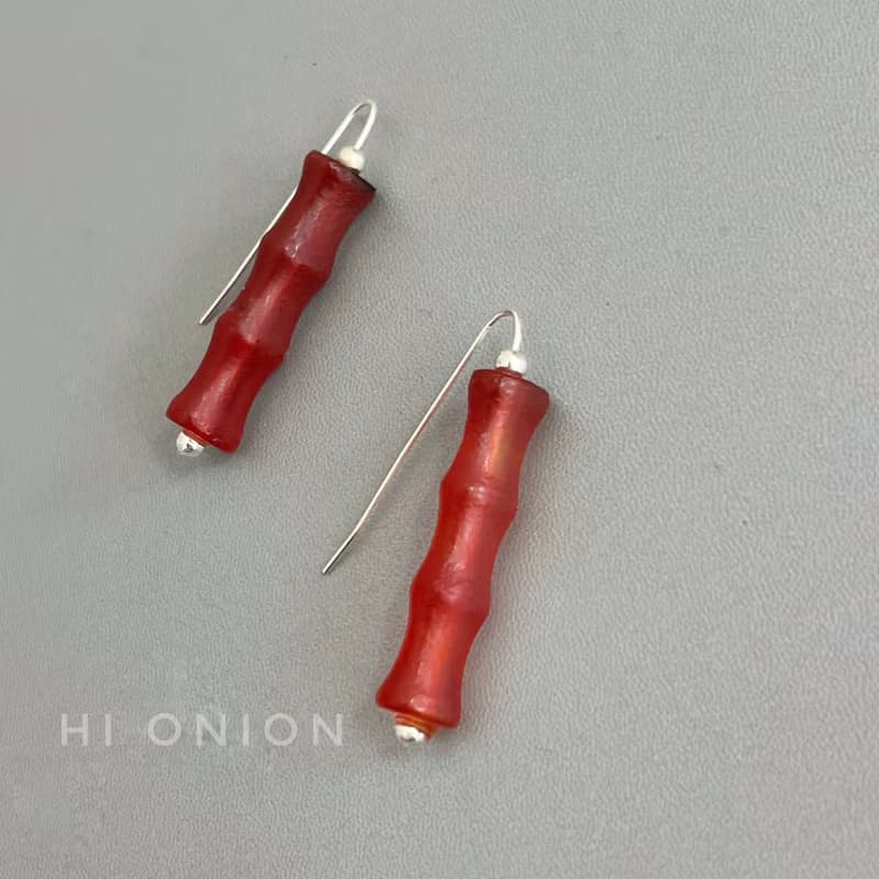 Hi Onion原創小眾設計復古瑪瑙紅色竹節耳環銀耳鉤新中式耳夾個性