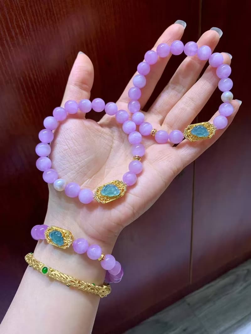 原創精品天然紫鋰輝手鏈搭配銀鍍金藍水翡翠蓮花 步步生蓮 好運連