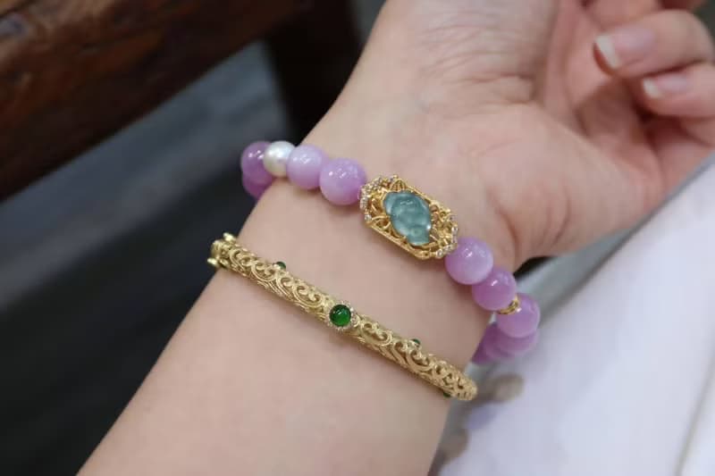 原創精品天然紫鋰輝手鏈搭配銀鍍金藍水翡翠蓮花 步步生蓮 好運連