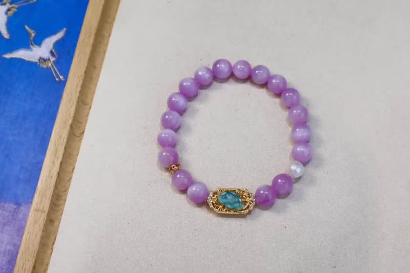 原創精品天然紫鋰輝手鏈搭配銀鍍金藍水翡翠蓮花 步步生蓮 好運連