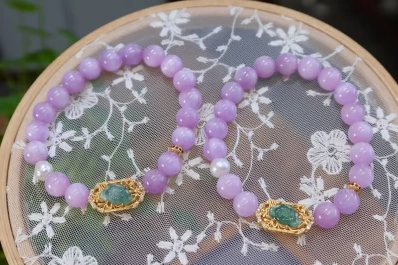 原創精品天然紫鋰輝手鏈搭配銀鍍金藍水翡翠蓮花 步步生蓮 好運連