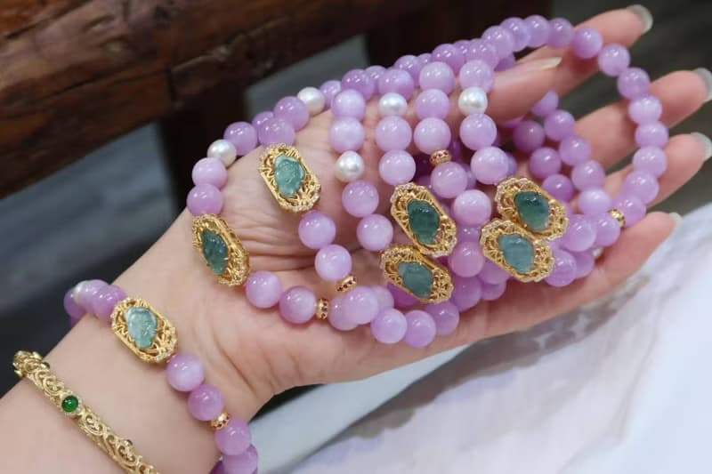 原創精品天然紫鋰輝手鏈搭配銀鍍金藍水翡翠蓮花 步步生蓮 好運連