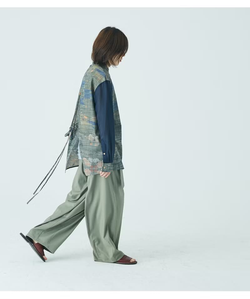 muterumours 藤若沖印花 拼接真絲棉 藍綠 小立領 背後設計款襯衫