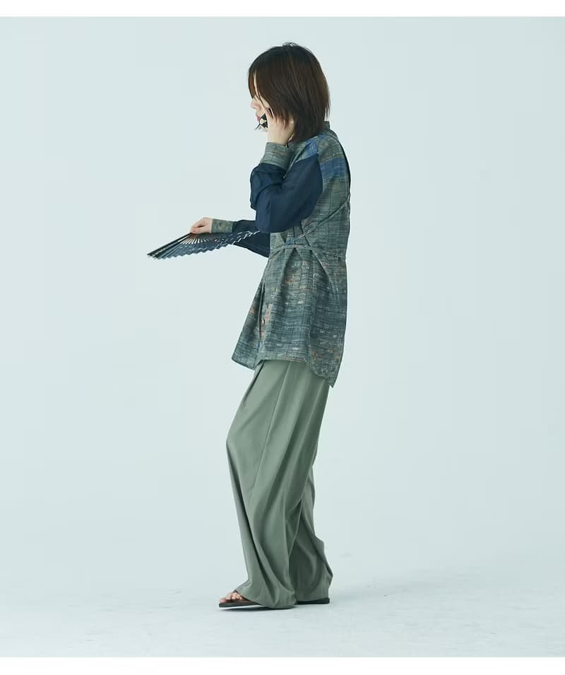 muterumours 藤若沖印花 拼接真絲棉 藍綠 小立領 背後設計款襯衫