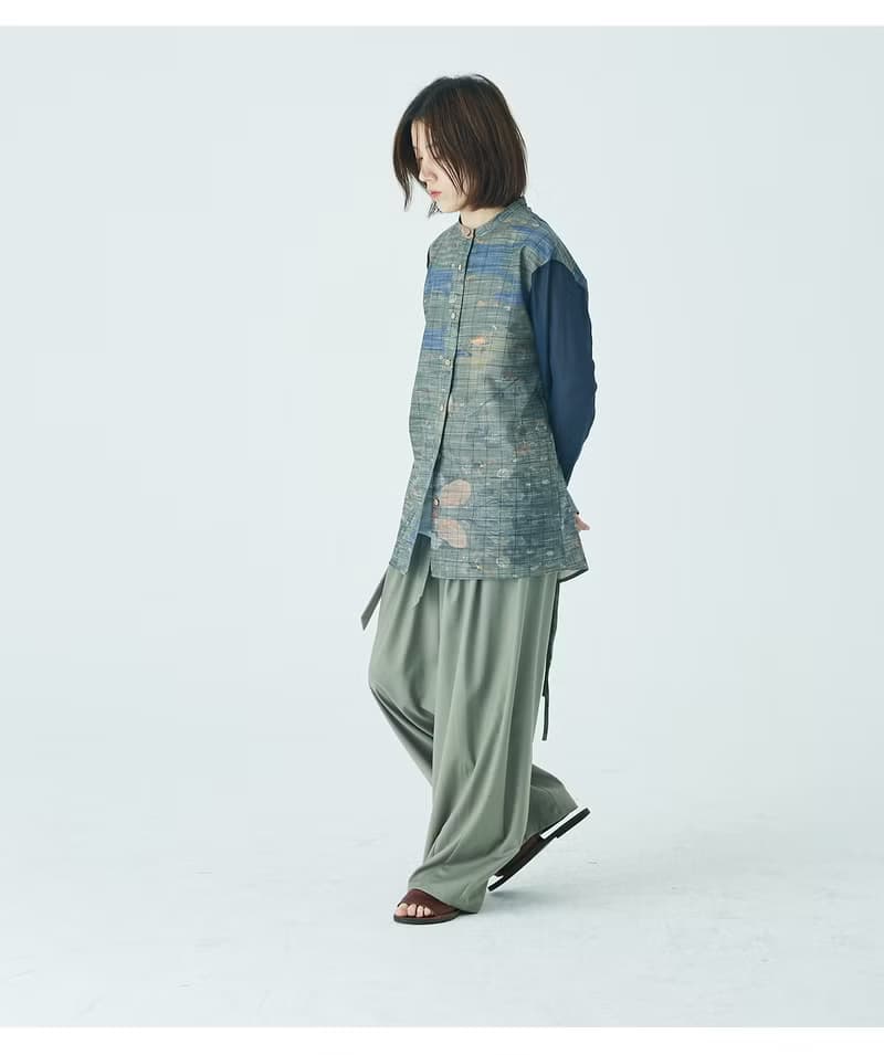 muterumours 藤若沖印花 拼接真絲棉 藍綠 小立領 背後設計款襯衫