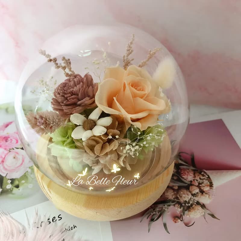 【蜜桃色】永生花夜燈玻璃盅/乾燥花/生日禮物/情人節禮物