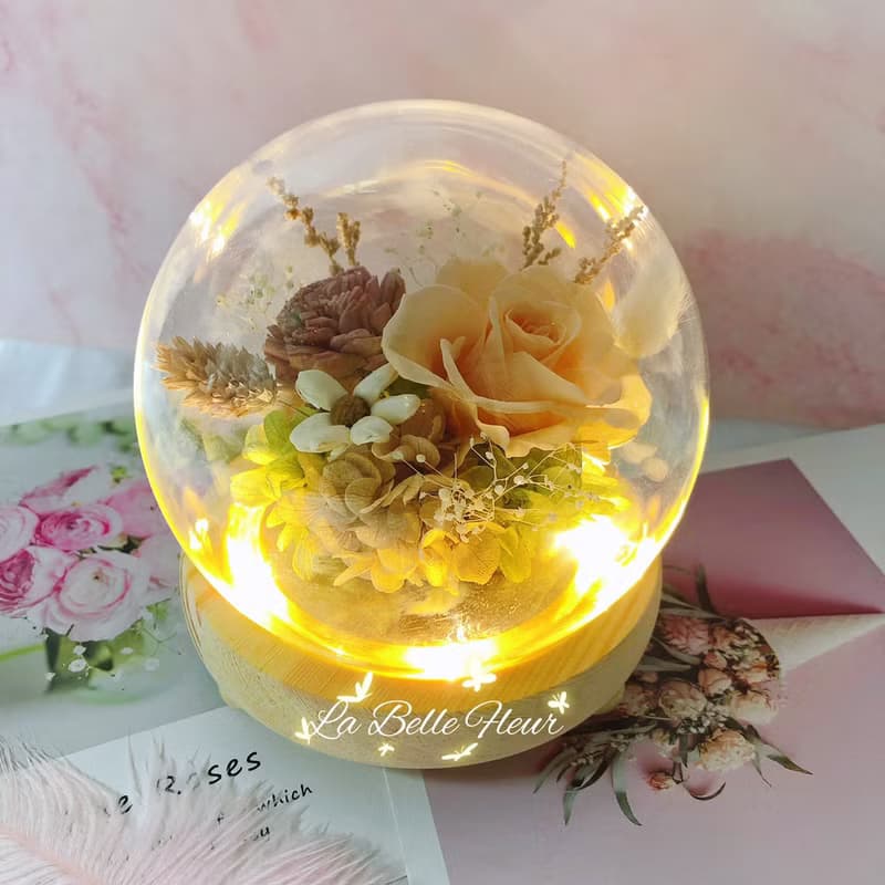 【蜜桃色】永生花夜燈玻璃盅/乾燥花/生日禮物/情人節禮物