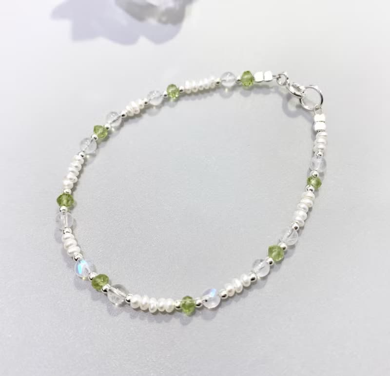 Ops pearls silver bracelet -橄欖石/月光石/珍珠/極細/925純銀