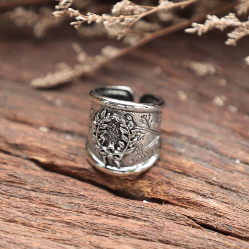 葉枝花戒指女士銀色