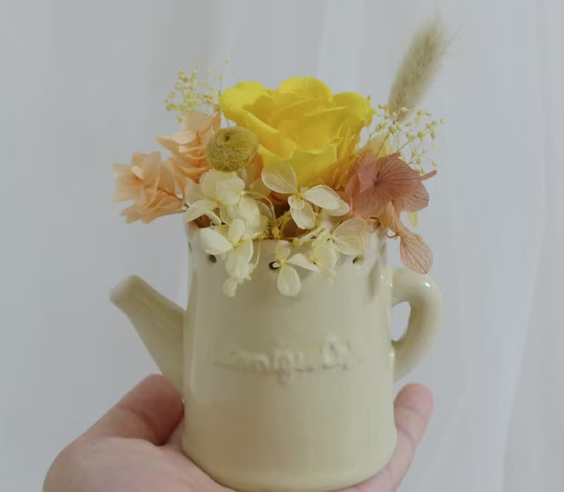 情人節禮物花束活力黃澄橘澆水壺不凋盆花 永生乾燥向日葵畢業花