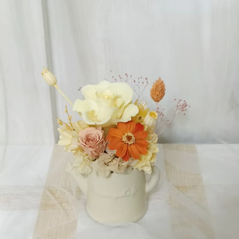 情人節禮物花束活力黃澄橘澆水壺不凋盆花 永生乾燥向日葵畢業花