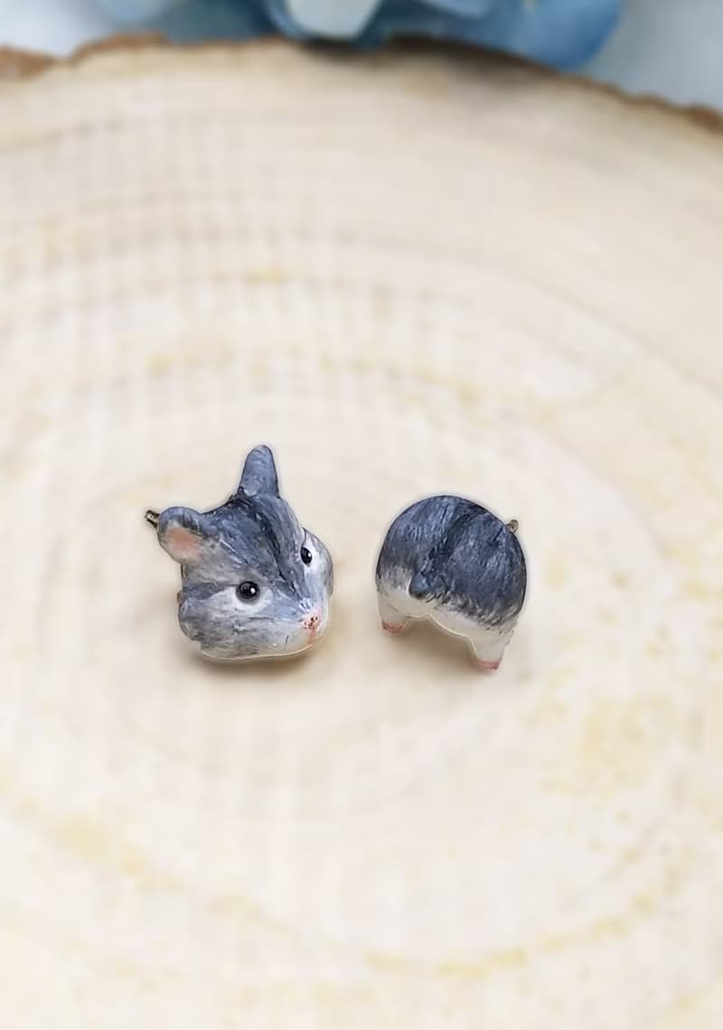 全手作 灰色倉鼠 耳環 防敏感 耳釘/耳夾