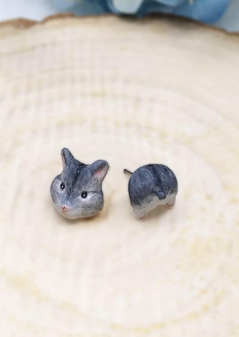全手作 灰色倉鼠 耳環 防敏感 耳釘/耳夾