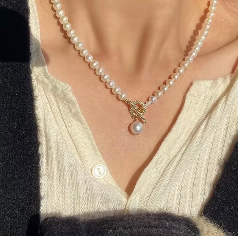 YuanPearl天然極光近圓正反兩戴珍珠項鍊法式氣質通勤百搭款項鍊