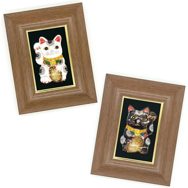 飾って福を招くミニ-招き猫の七宝焼アートフレーム　白/黒