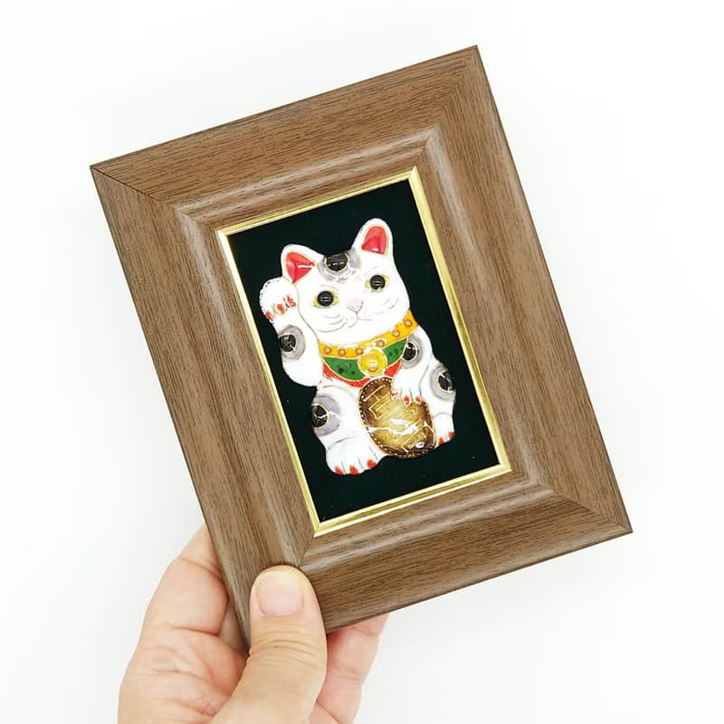 飾って福を招くミニ-招き猫の七宝焼アートフレーム　白/黒