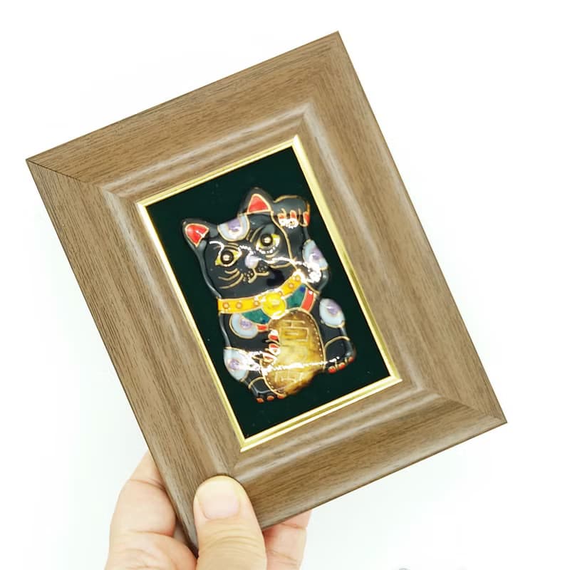 飾って福を招くミニ-招き猫の七宝焼アートフレーム　白/黒