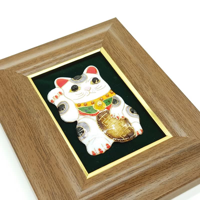 飾って福を招くミニ-招き猫の七宝焼アートフレーム　白/黒