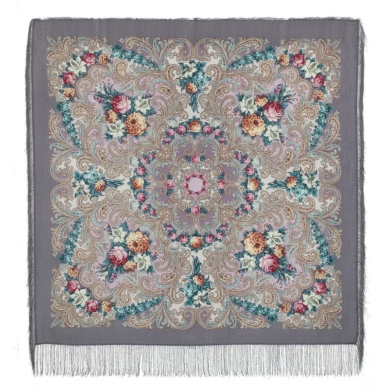 Pavlovo Posad Russian Shawl 100% Wool Scarf 125x125 cm Wrap Silk Fringe 1437-1