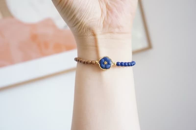 天然青金石邁索爾老山檀手鏈搭配銀鑲青金石花有錢花文玩手鏈4mm