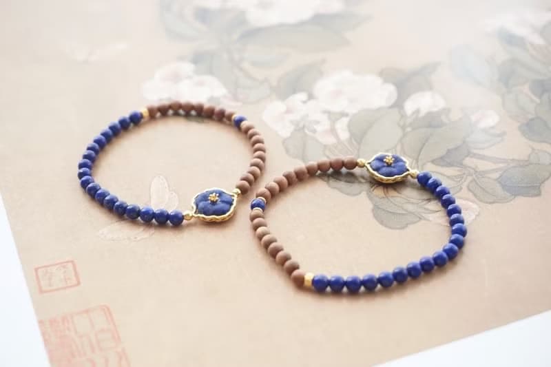 天然青金石邁索爾老山檀手鏈搭配銀鑲青金石花有錢花文玩手鏈4mm