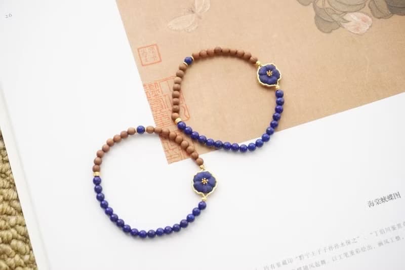 天然青金石邁索爾老山檀手鏈搭配銀鑲青金石花有錢花文玩手鏈4mm