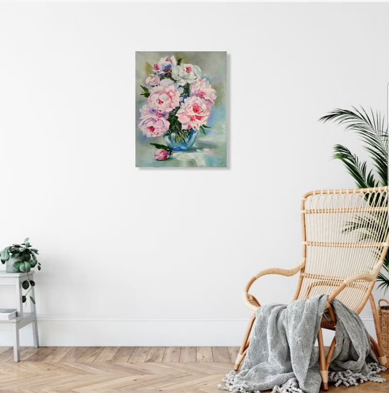 Peonies Bouquet Original Oil Painting, Flower Artwork, Floral Canvas Wall Art