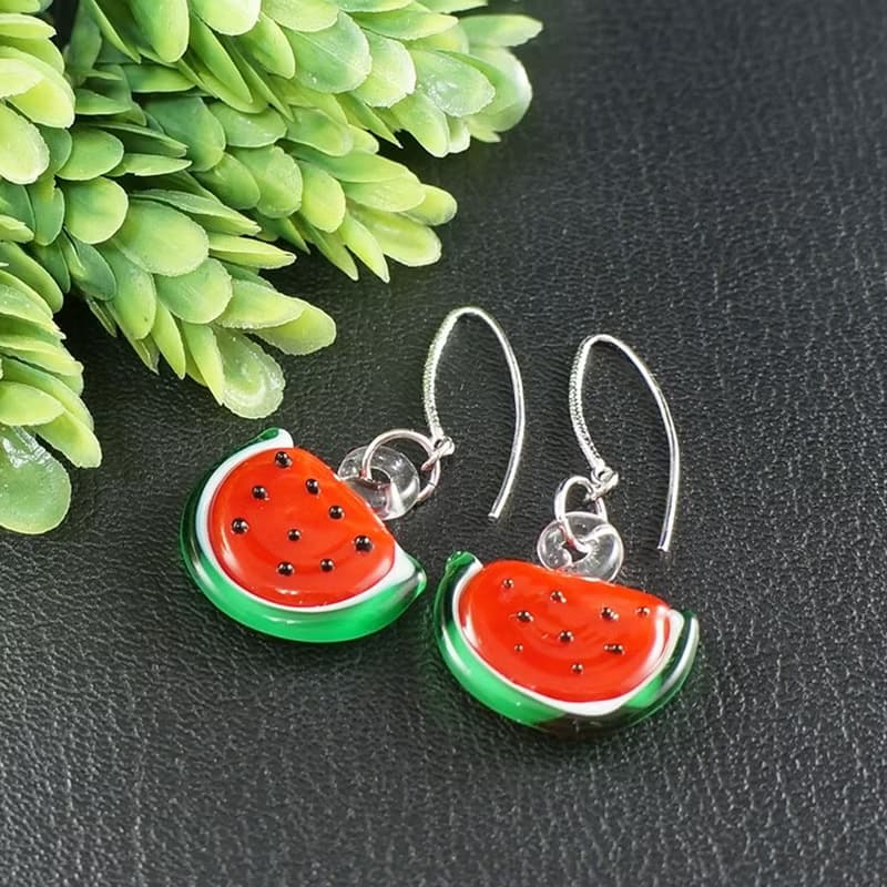 Watermelon Lampwork Glass Earrings Reg Green Dangle Vegan Fruit Earrings Jewelry