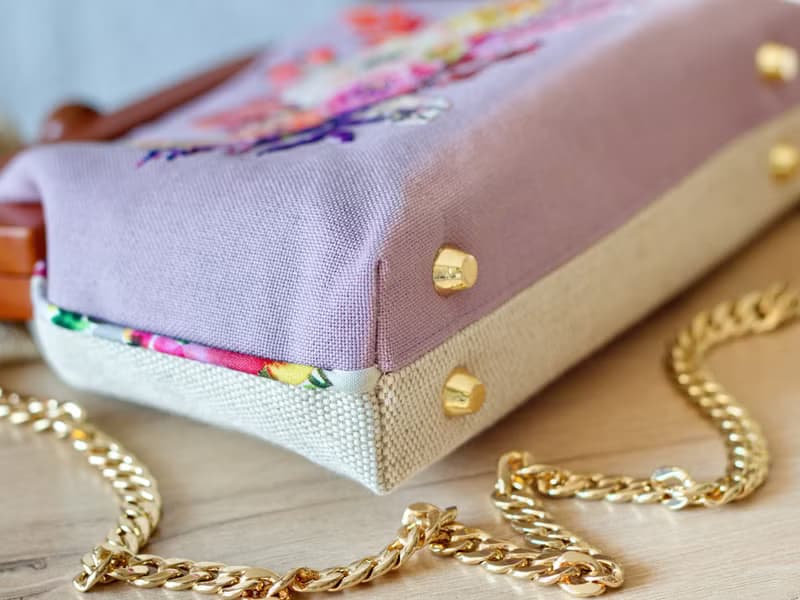 Handmade shoulder bag with cross stitched Boho bouquet, wooden clasp, crossbody