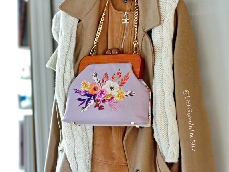 Handmade shoulder bag with cross stitched Boho bouquet, wooden clasp, crossbody