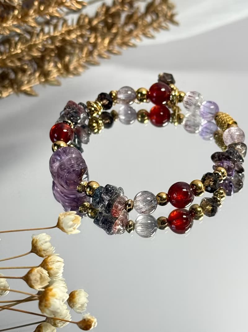 紫醉金瀰紫晶貔貅超七轉運手鍊 - 18K金醫療鋼/紫水晶貔貅/超級七