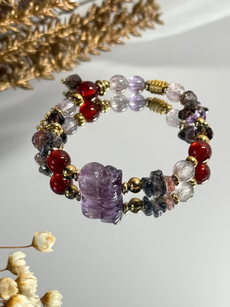 紫醉金瀰紫晶貔貅超七轉運手鍊 - 18K金醫療鋼/紫水晶貔貅/超級七