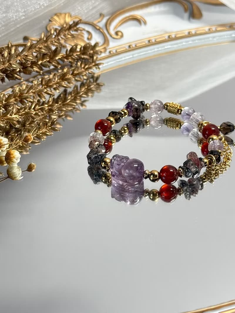 紫醉金瀰紫晶貔貅超七轉運手鍊 - 18K金醫療鋼/紫水晶貔貅/超級七