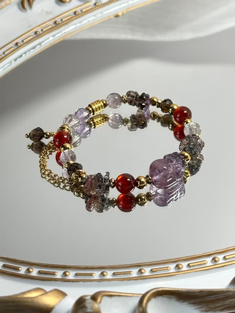 紫醉金瀰紫晶貔貅超七轉運手鍊 - 18K金醫療鋼/紫水晶貔貅/超級七