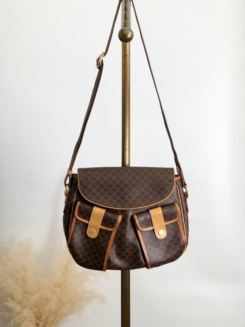 【 日本直送　名牌中古包 】CELINE セリーヌ マカダム ショルダーバッグ ブラウン PVC ダブルポケット vintage ヴィンテージ a3bmb4