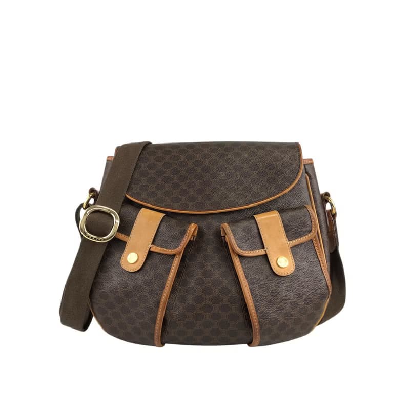 【 日本直送　名牌中古包 】CELINE セリーヌ マカダム ショルダーバッグ ブラウン PVC ダブルポケット vintage ヴィンテージ a3bmb4